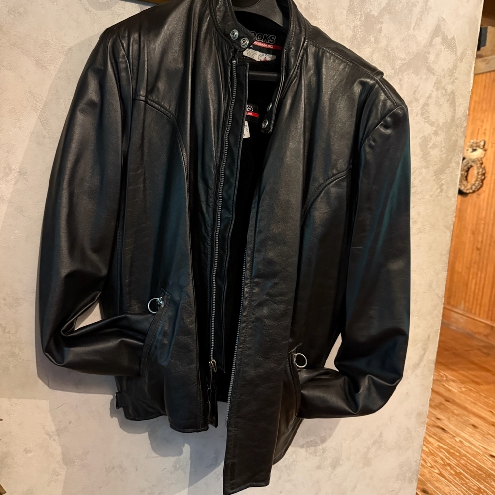 Brooks Black Leather Bomber Jacket with Zip Front